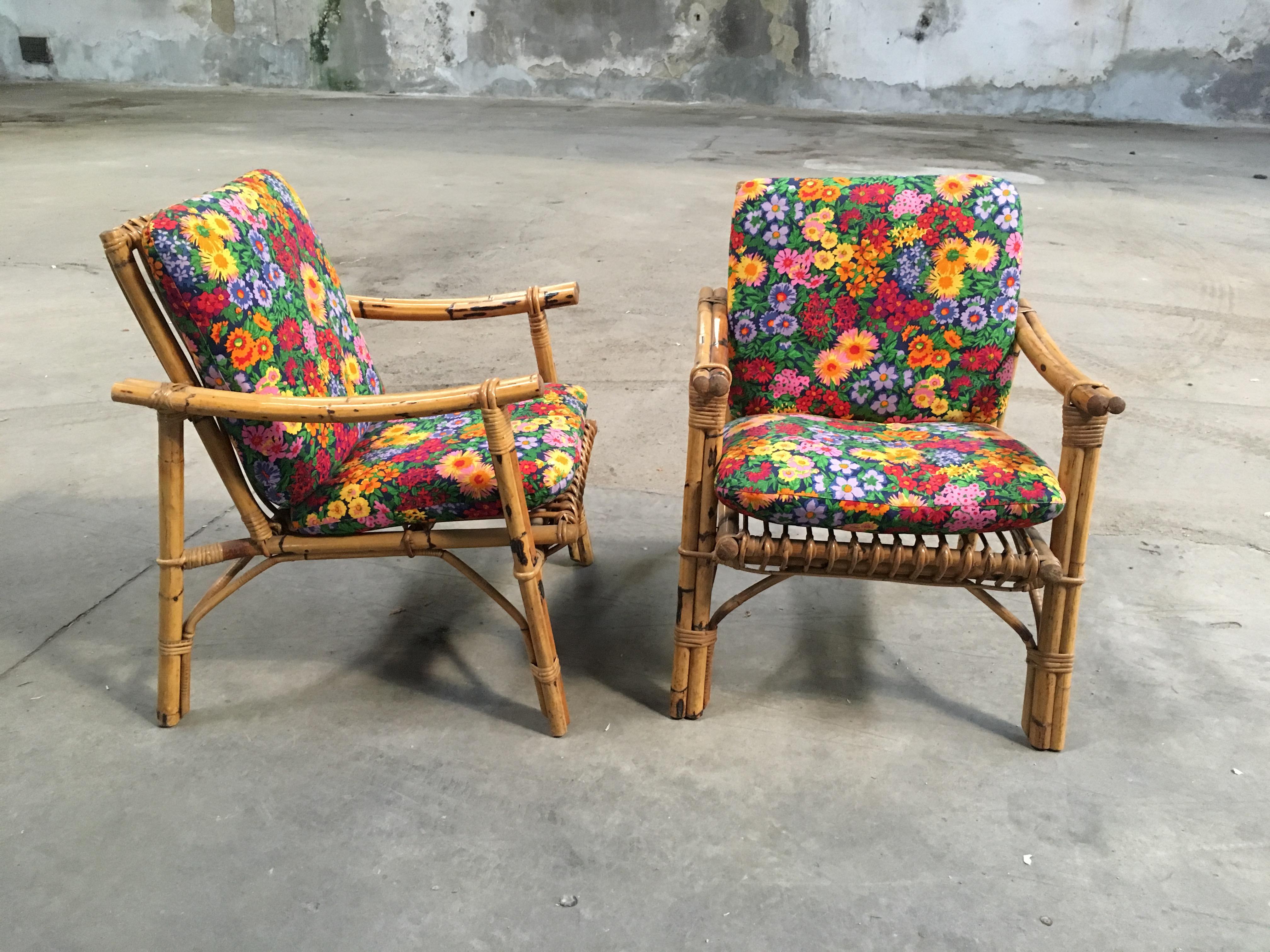 Mid-Century Modern Pair of Italian Bamboo Armchairs with Original Cushions 3