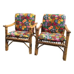 Mid-Century Modern Pair of Italian Bamboo Armchairs with Original Cushions