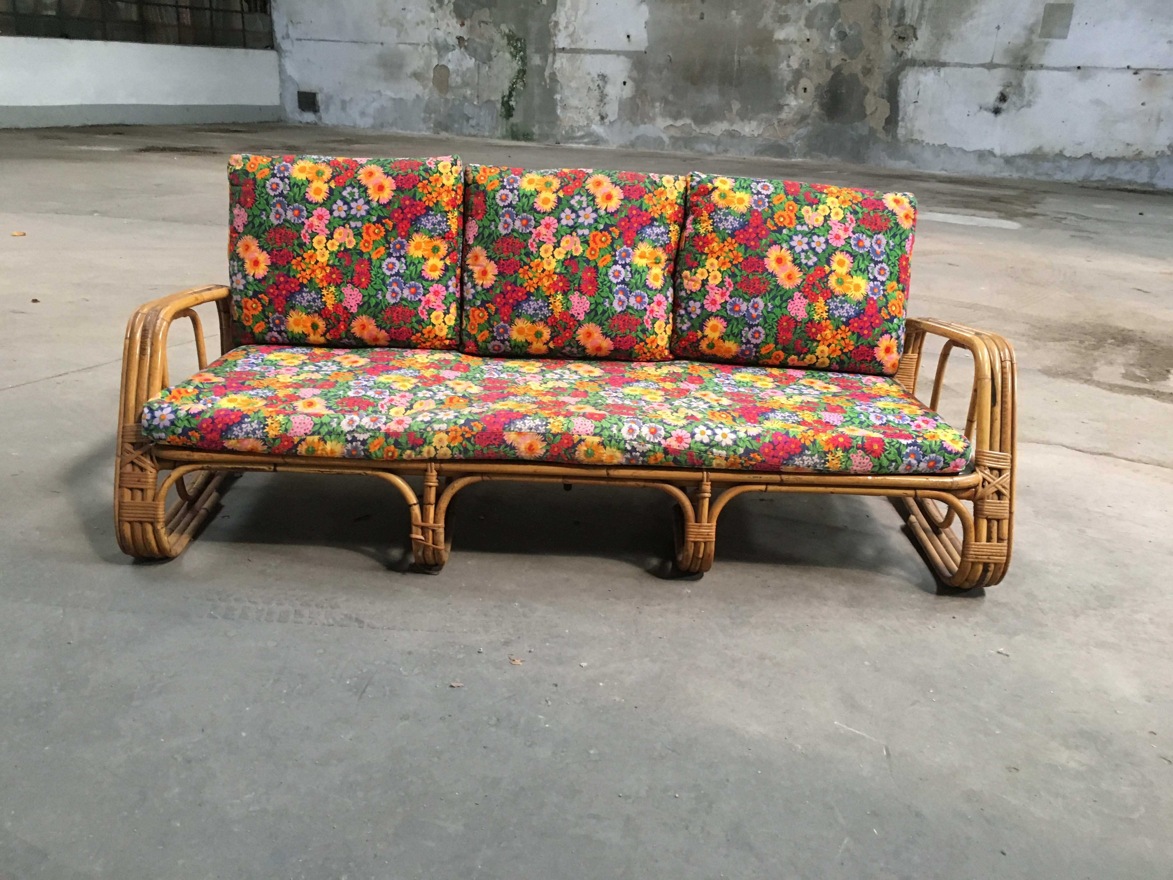 Mid-Century Modern Pair of Italian Bamboo Armchairs with Original Floral Cushion 13