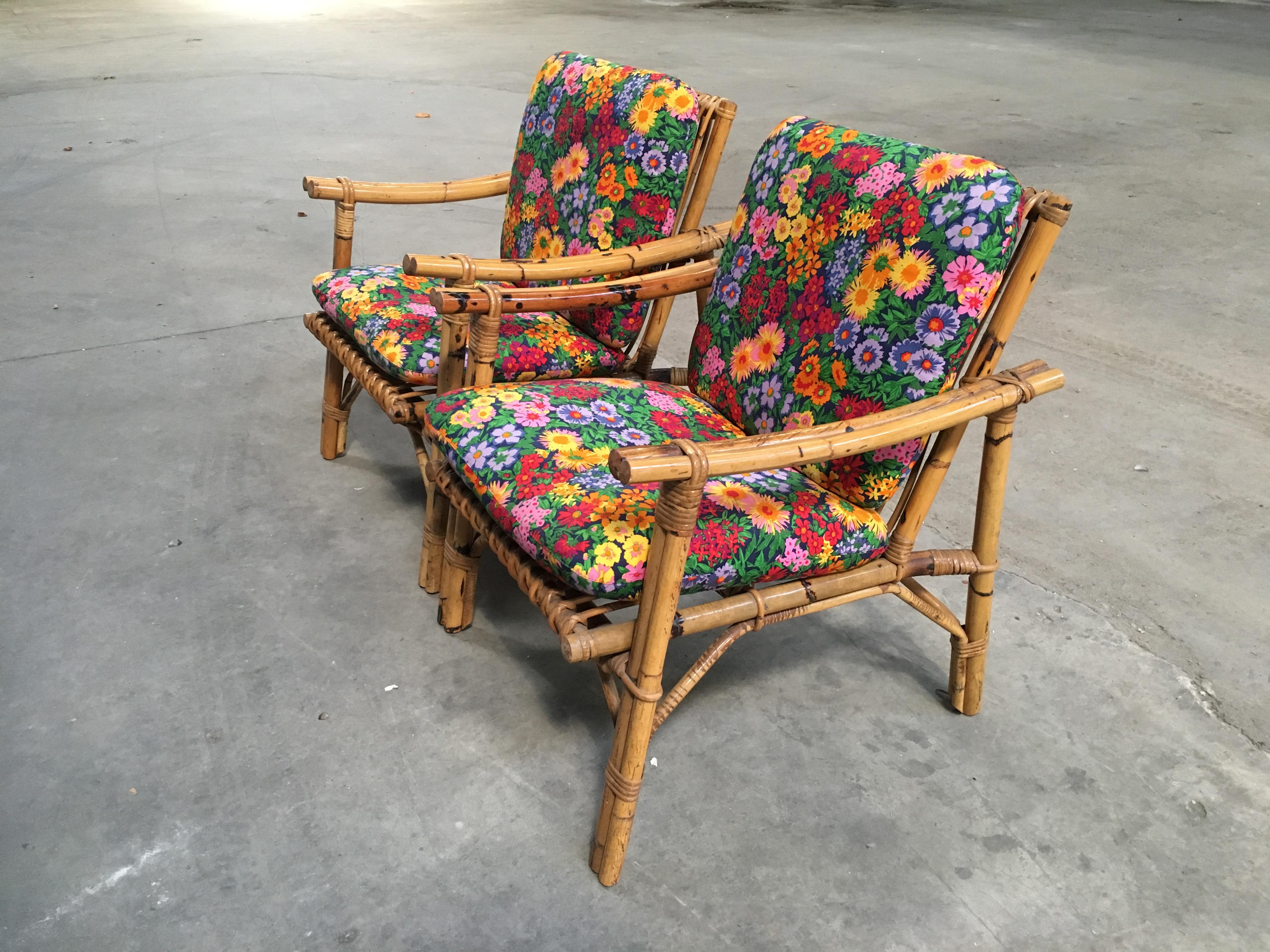 Mid-20th Century Mid-Century Modern Pair of Italian Bamboo Armchairs with Original Floral Cushion