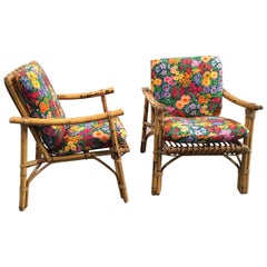 Mid-Century Modern Pair of Italian Bamboo Armchairs with Original Floral Cushion