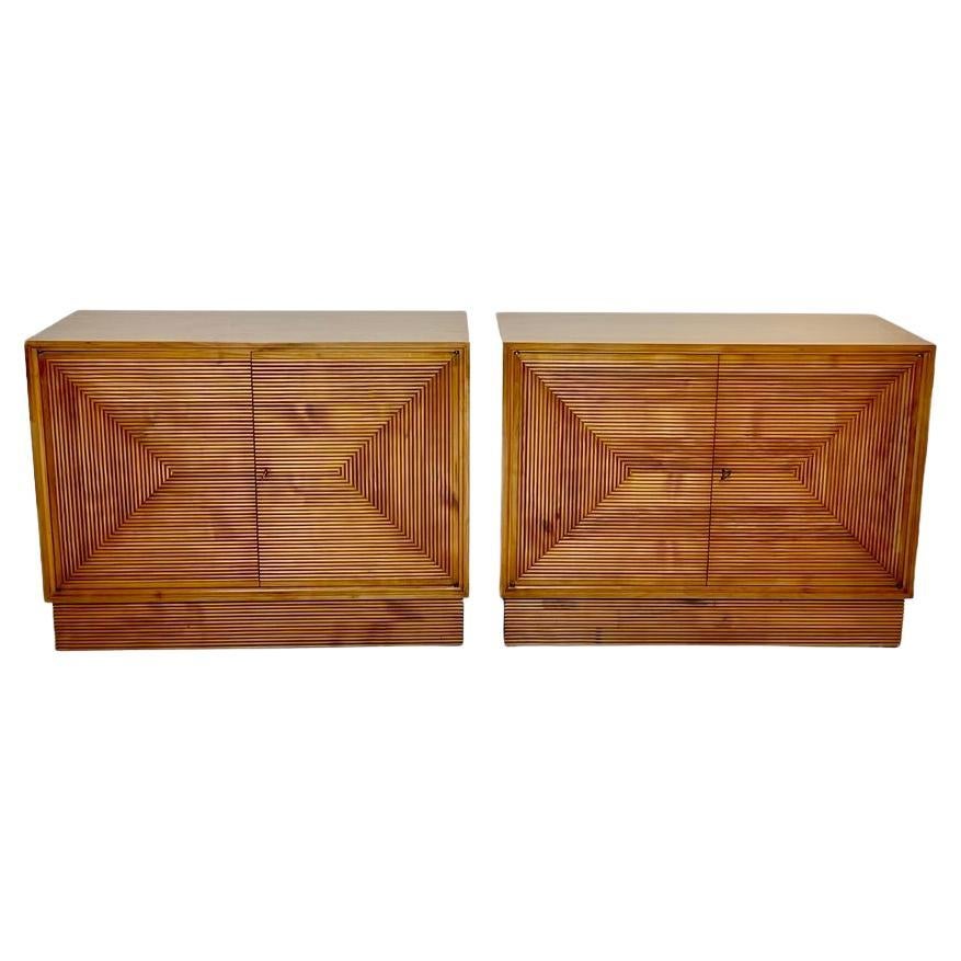 Mid-Century Modern Pair of Italian Cherry Veneer Cabinets w/ Breadsticks Doors For Sale