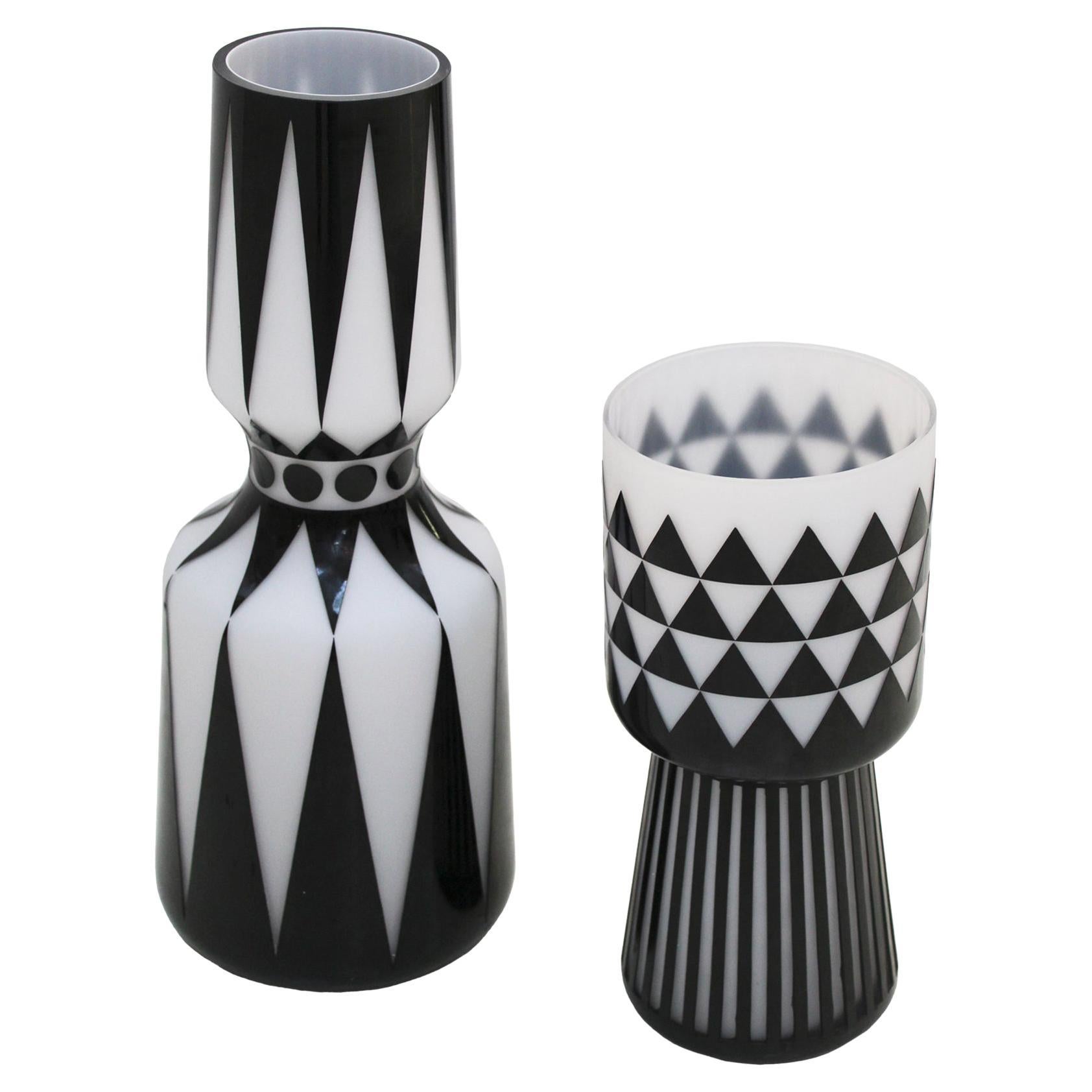 Mid-Century Modern Pair of Italian Glass Vases with Hand Carved Geomtric Motif For Sale