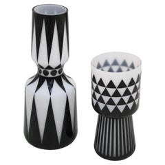 Mid-Century Modern Pair of Italian Glass Vases with Hand Carved Geomtric Motif