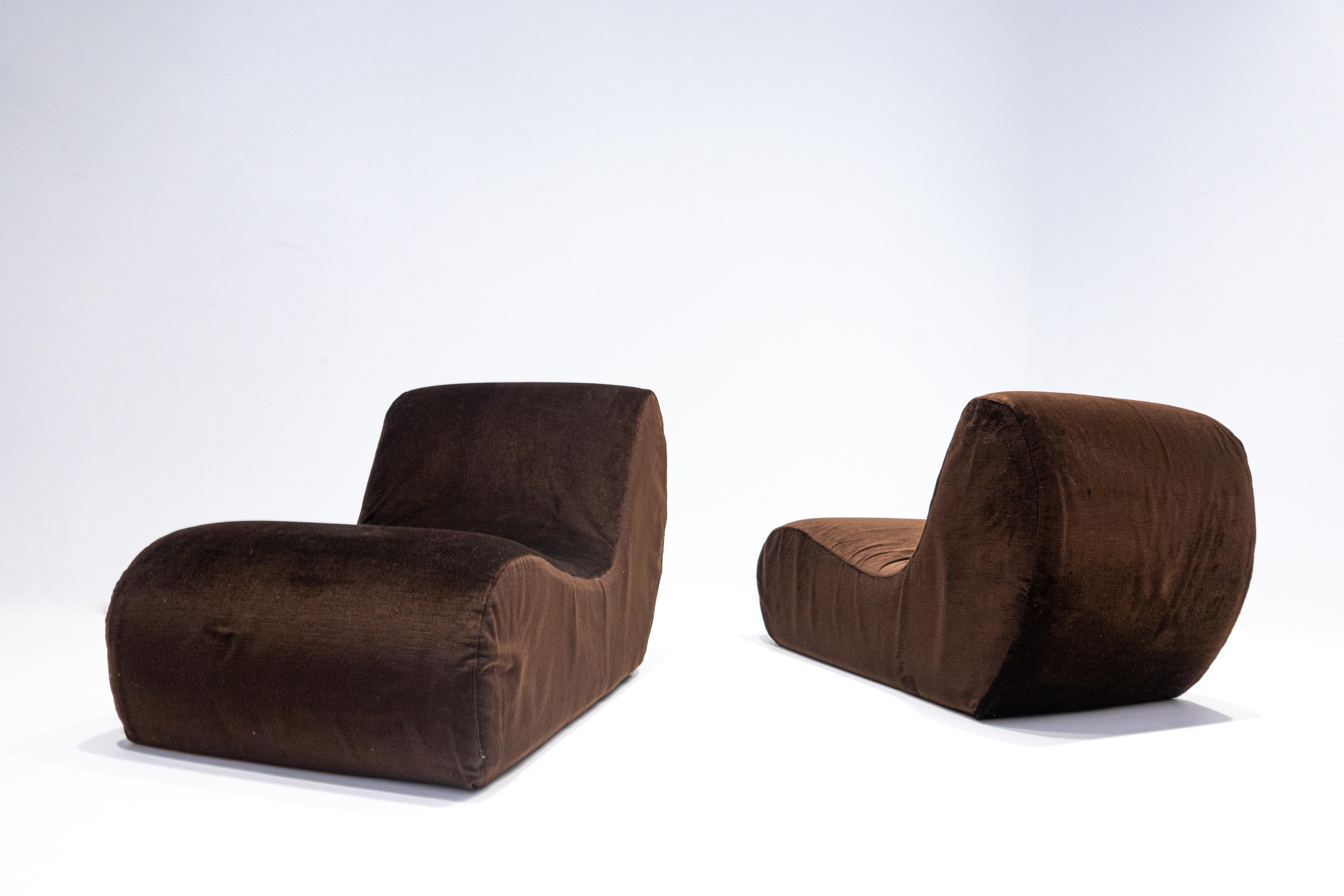 20th Century Mid-Century Modern Pair of Italian Lounge Chairs, Brown Velvet, 1960s