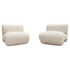 Mid-Century Modern Pair of Italian Lounge Chairs, White Boucle Fabric, 1960s