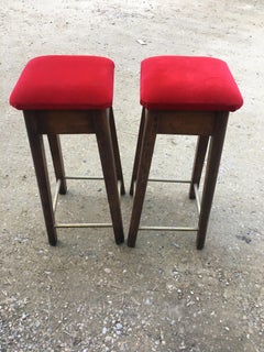 Mid-Century Modern Pair of Italian Oakwood Stool with Velvet Seat, 1950s