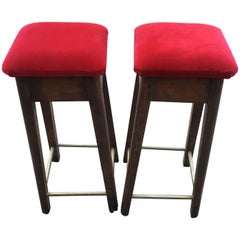 Vintage Mid-Century Modern Pair of Italian Oakwood Stool with Velvet Seat, 1950s
