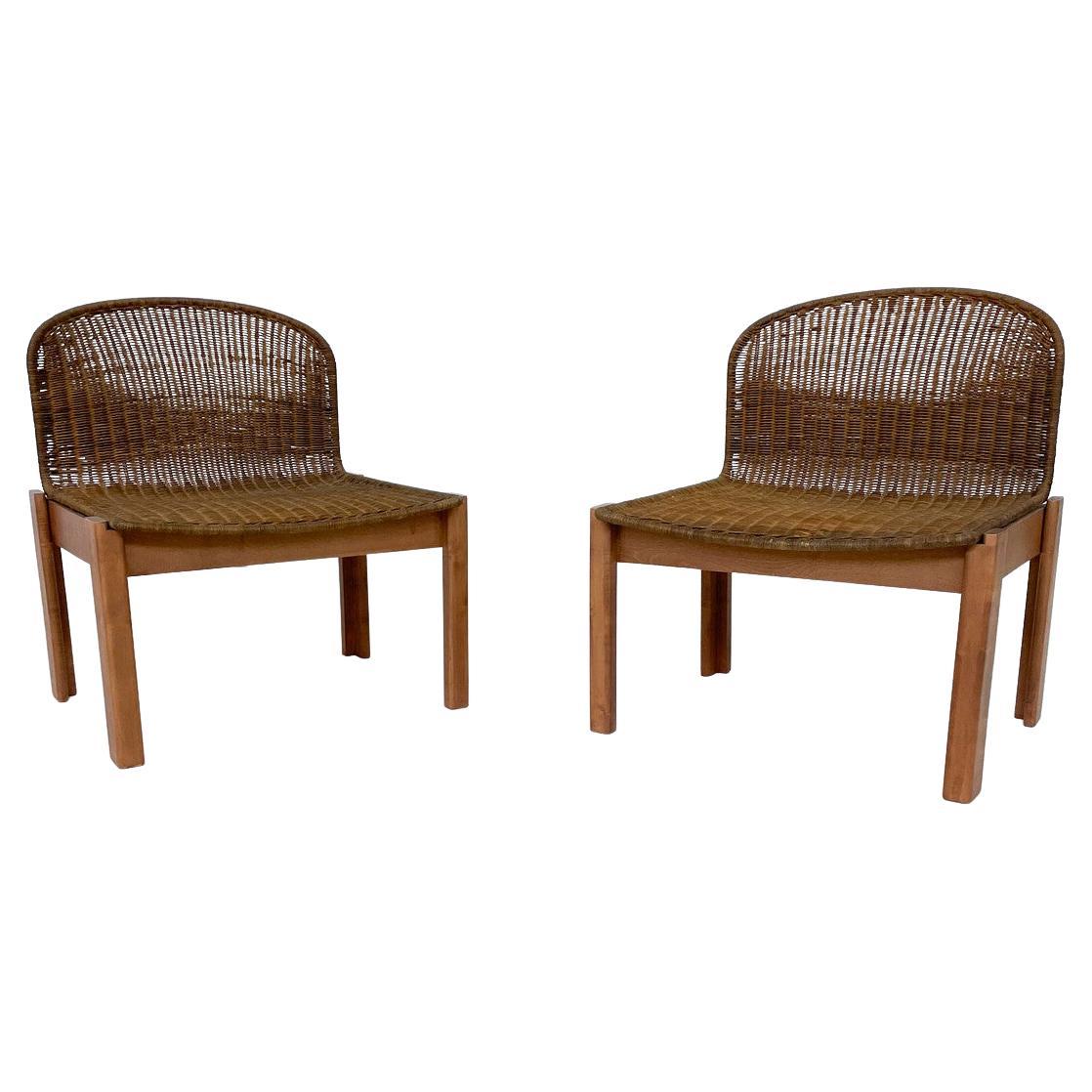 Mid-Century Modern Pair of Italian Rattan and Wood Armchairs, 1960s