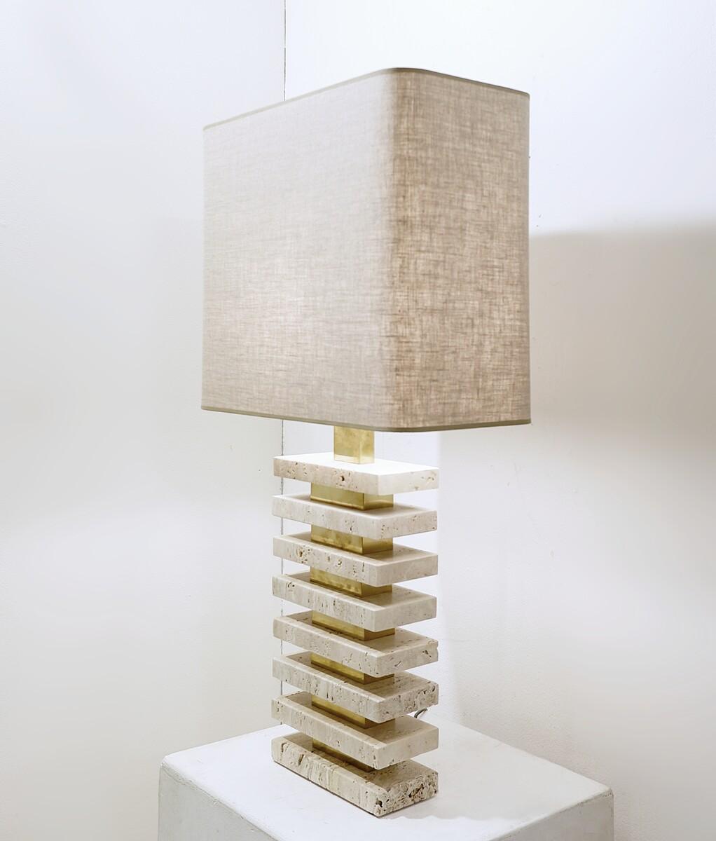 Mid-Century Modern Pair of Italian Travertine and Brass Table Lamps, 1970s 1