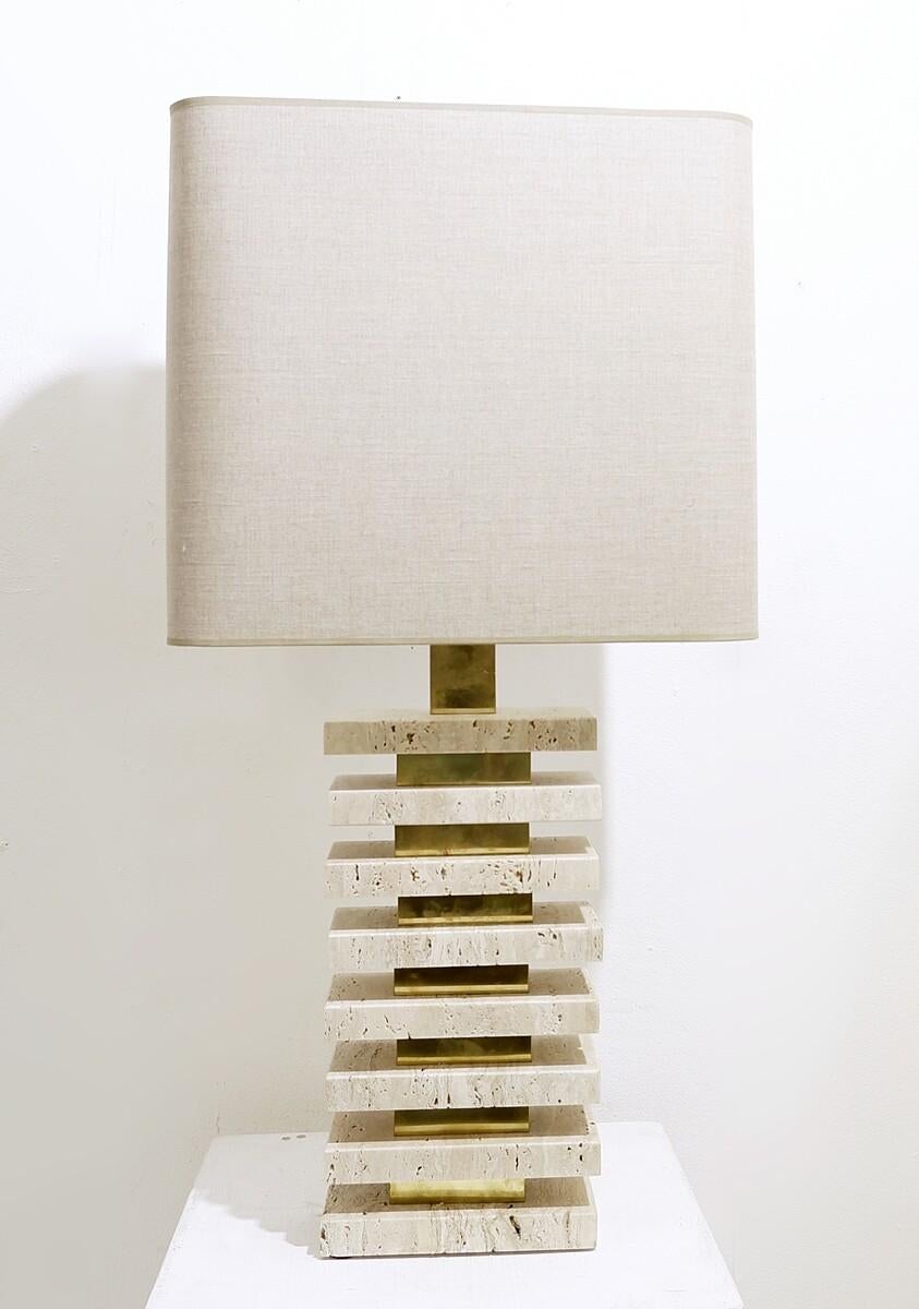 Mid-Century Modern Pair of Italian Travertine and Brass Table Lamps, 1970s 4