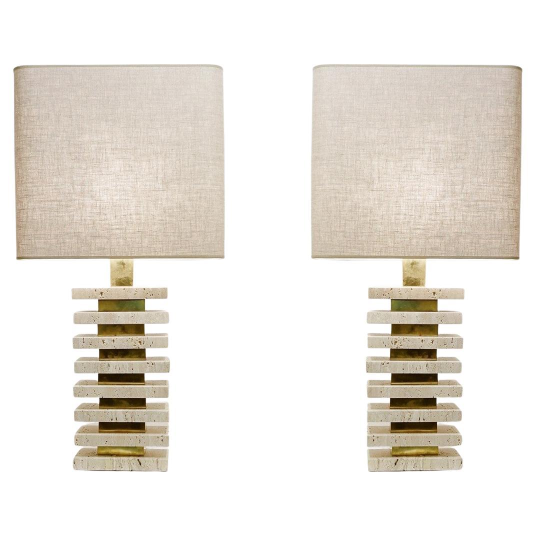Mid-Century Modern Pair of Italian Travertine and Brass Table Lamps, 1970s