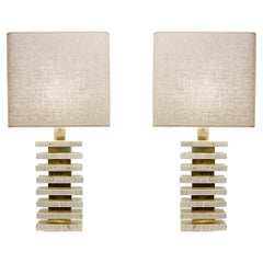 Mid-Century Modern Pair of Italian Travertine and Brass Table Lamps, 1970s