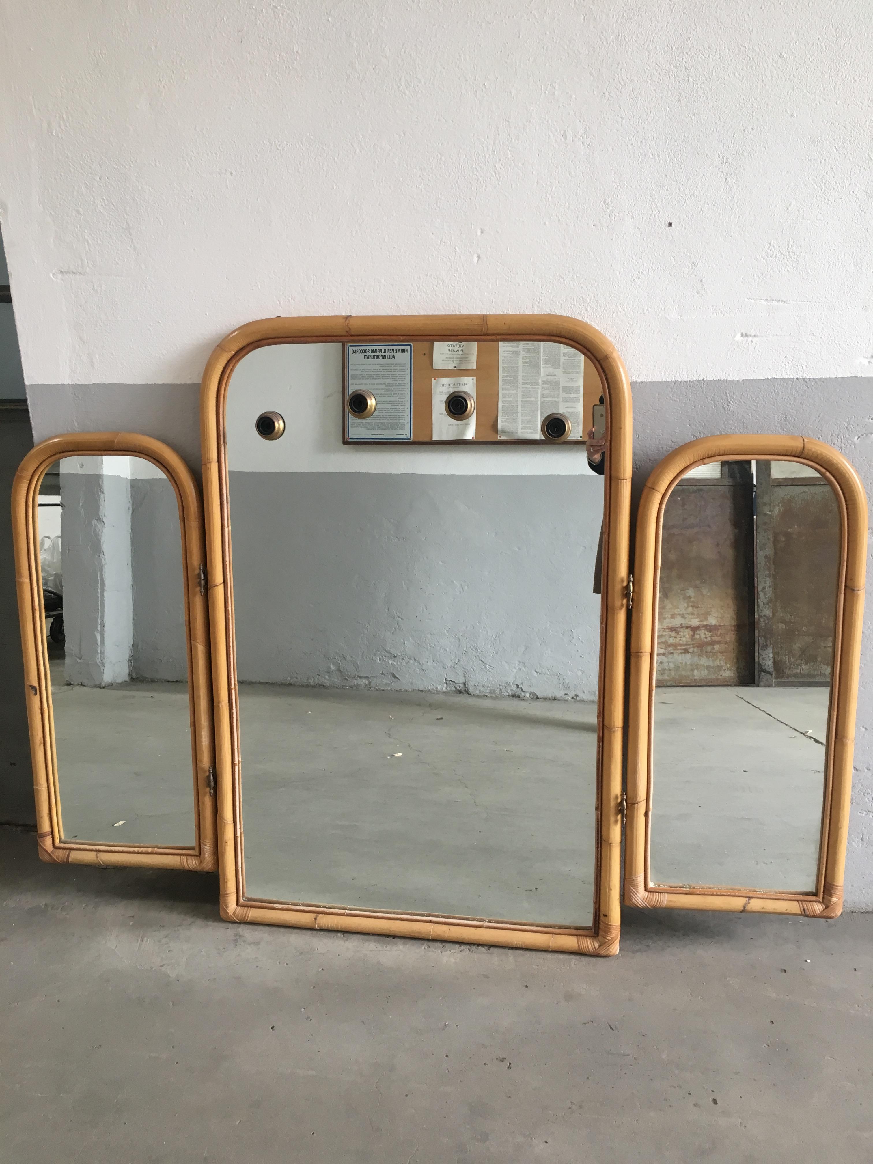 Late 20th Century Mid-Century Modern Pair of Italian Triptych Bamboo Framed Lit Wall Mirrors