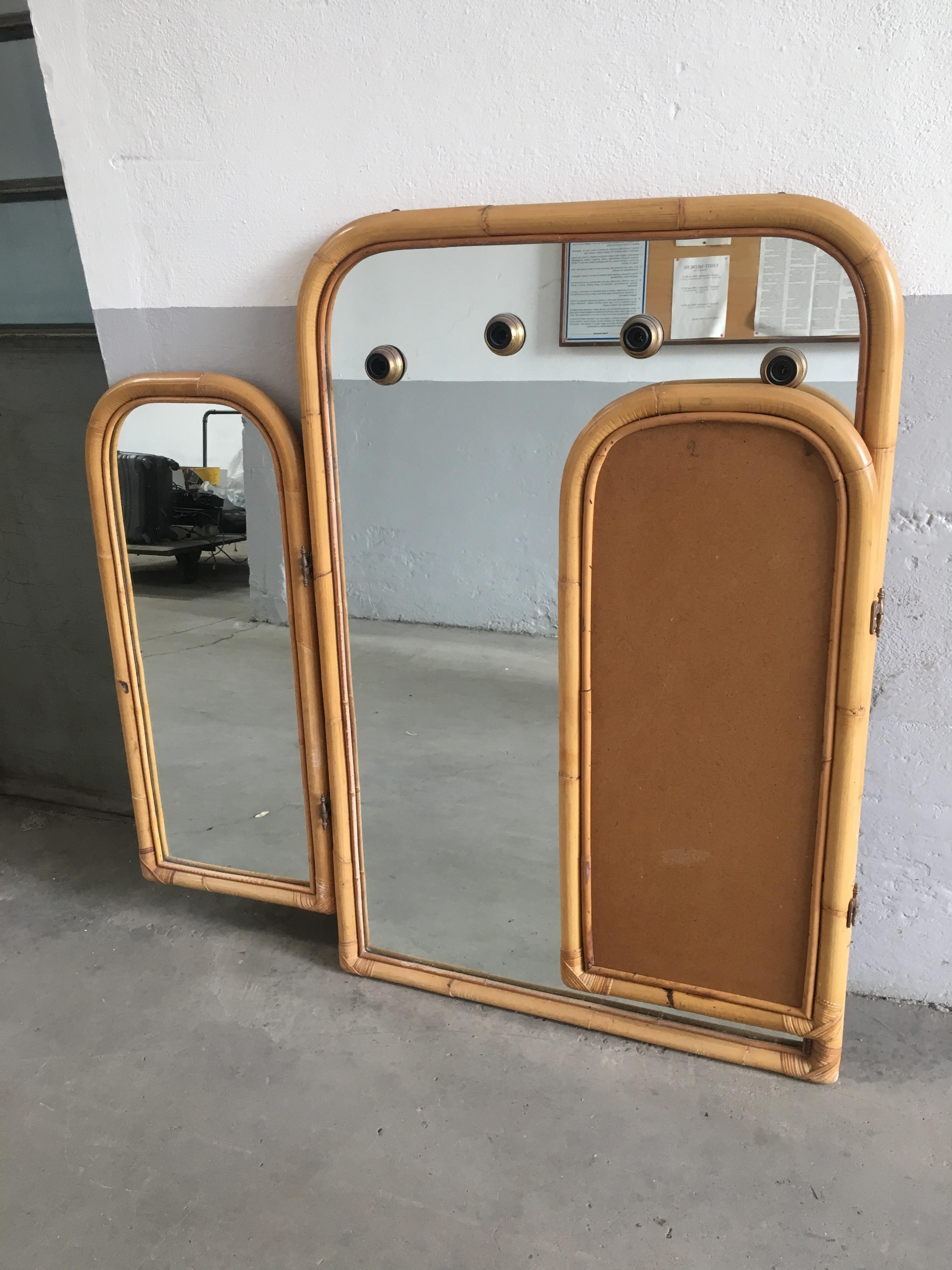 Mid-Century Modern Pair of Italian Triptych Bamboo Framed Lit Wall Mirrors 1