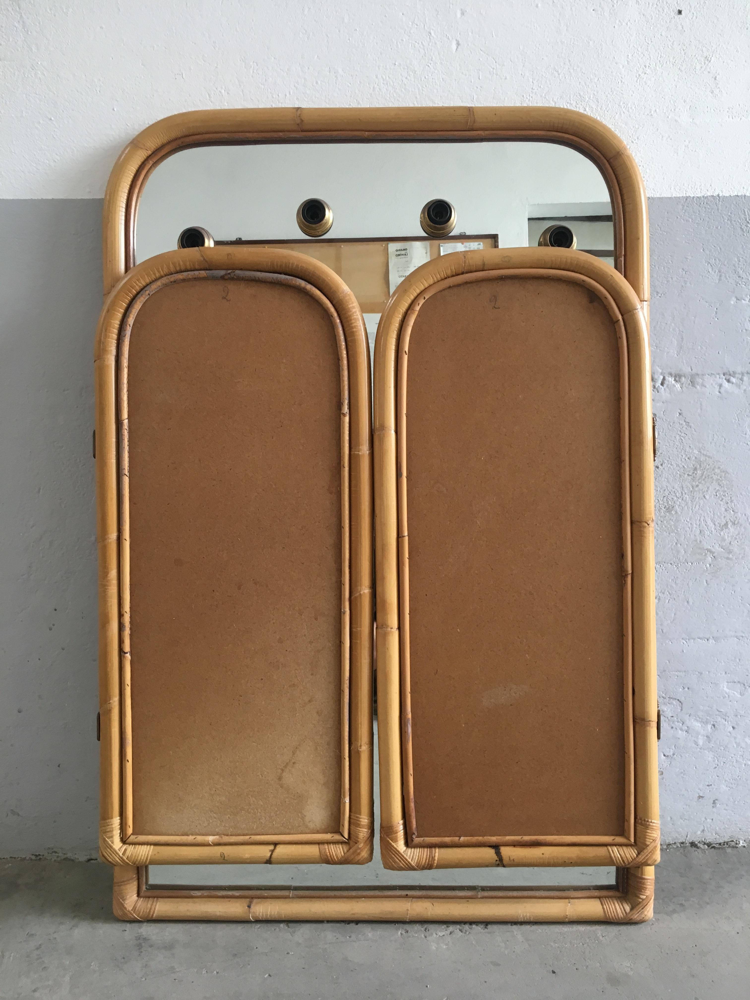 Mid-Century Modern Pair of Italian Triptych Bamboo Framed Lit Wall Mirrors 2