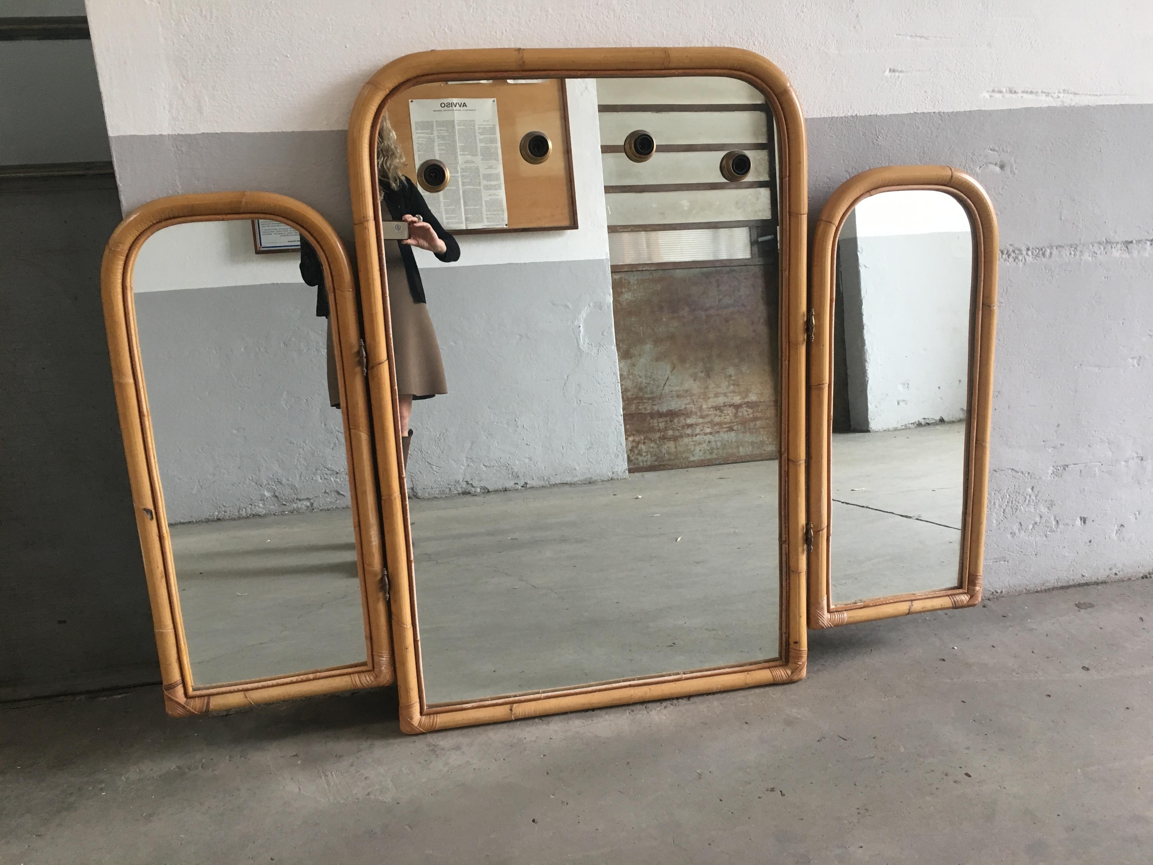 Mid-Century Modern Pair of Italian Triptych Bamboo Framed Lit Wall Mirrors 3