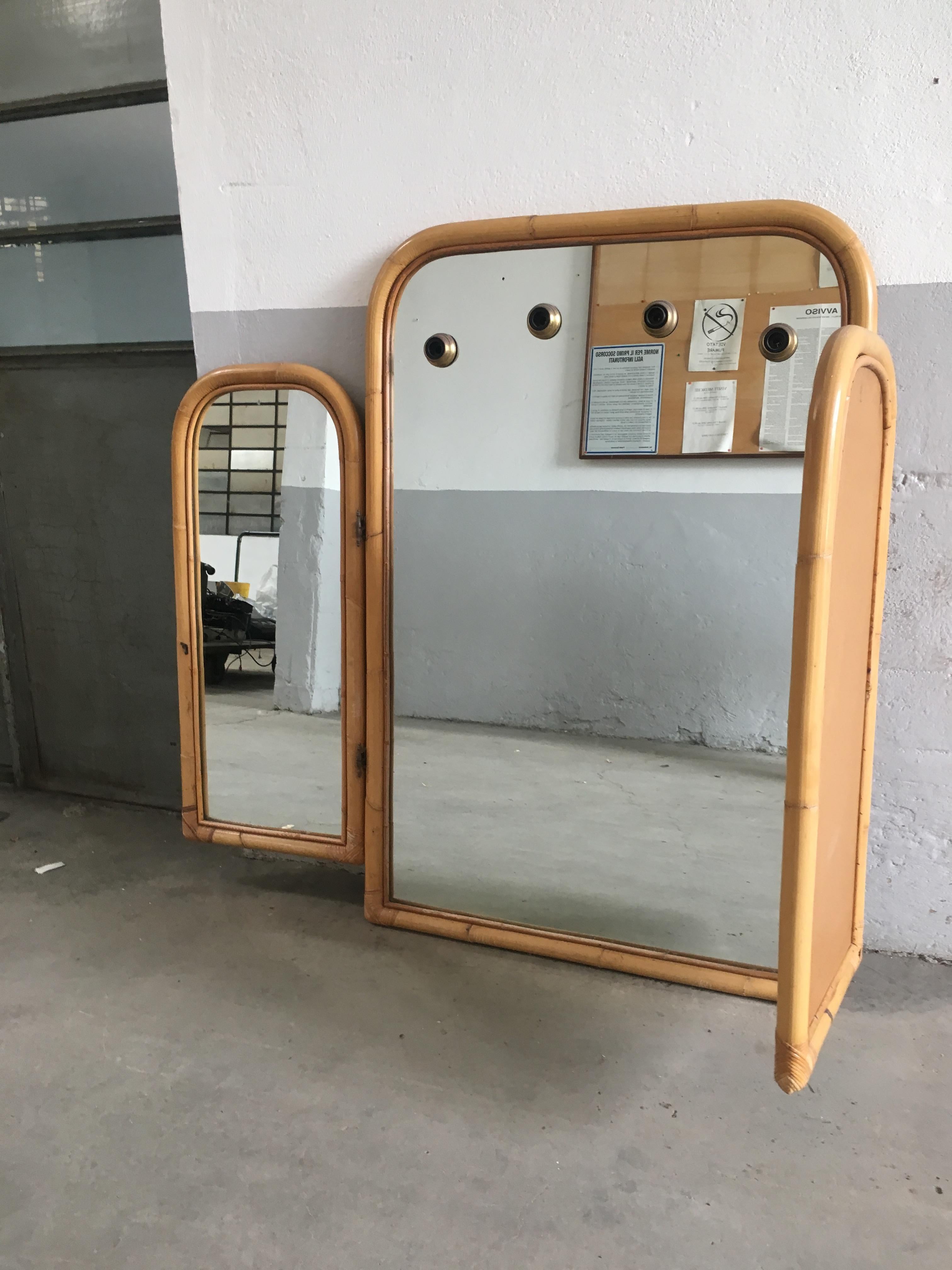 Mid-Century Modern Pair of Italian Triptych Bamboo Framed Lit Wall Mirrors 4