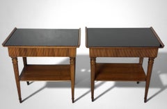 Mid-Century Modern Pair Of Italian Wooden Nightstands With Black Glass Tops