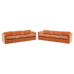 Mid-Century Modern Pair of Knoll 3 Seat Sofas 1970s Orange Velvet