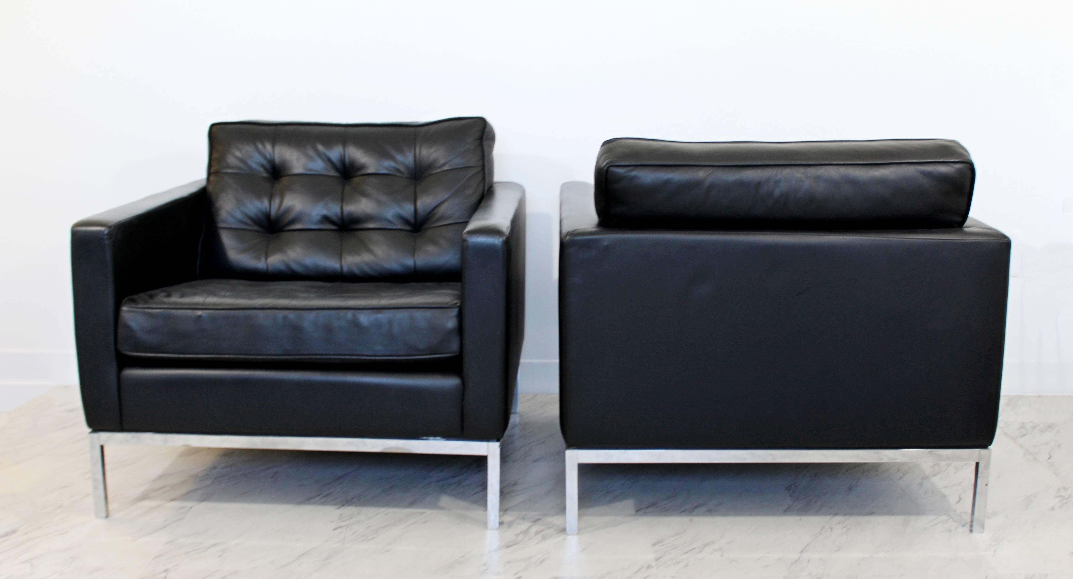 Mid-Century Modern Pair of Knoll Black Leather Chrome Tufted Cube Lounge Chairs 1