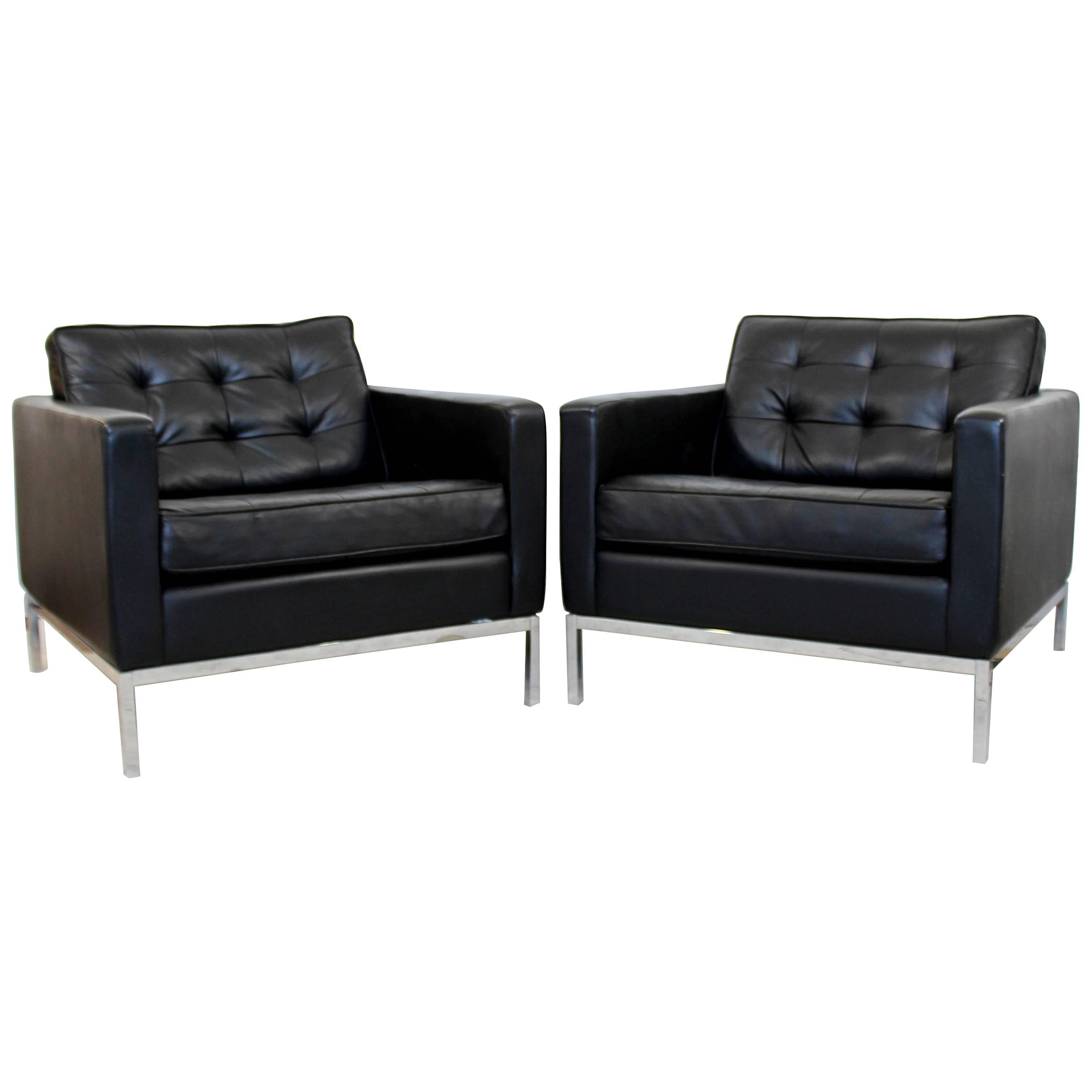 Mid-Century Modern Pair of Knoll Black Leather Chrome Tufted Cube Lounge Chairs