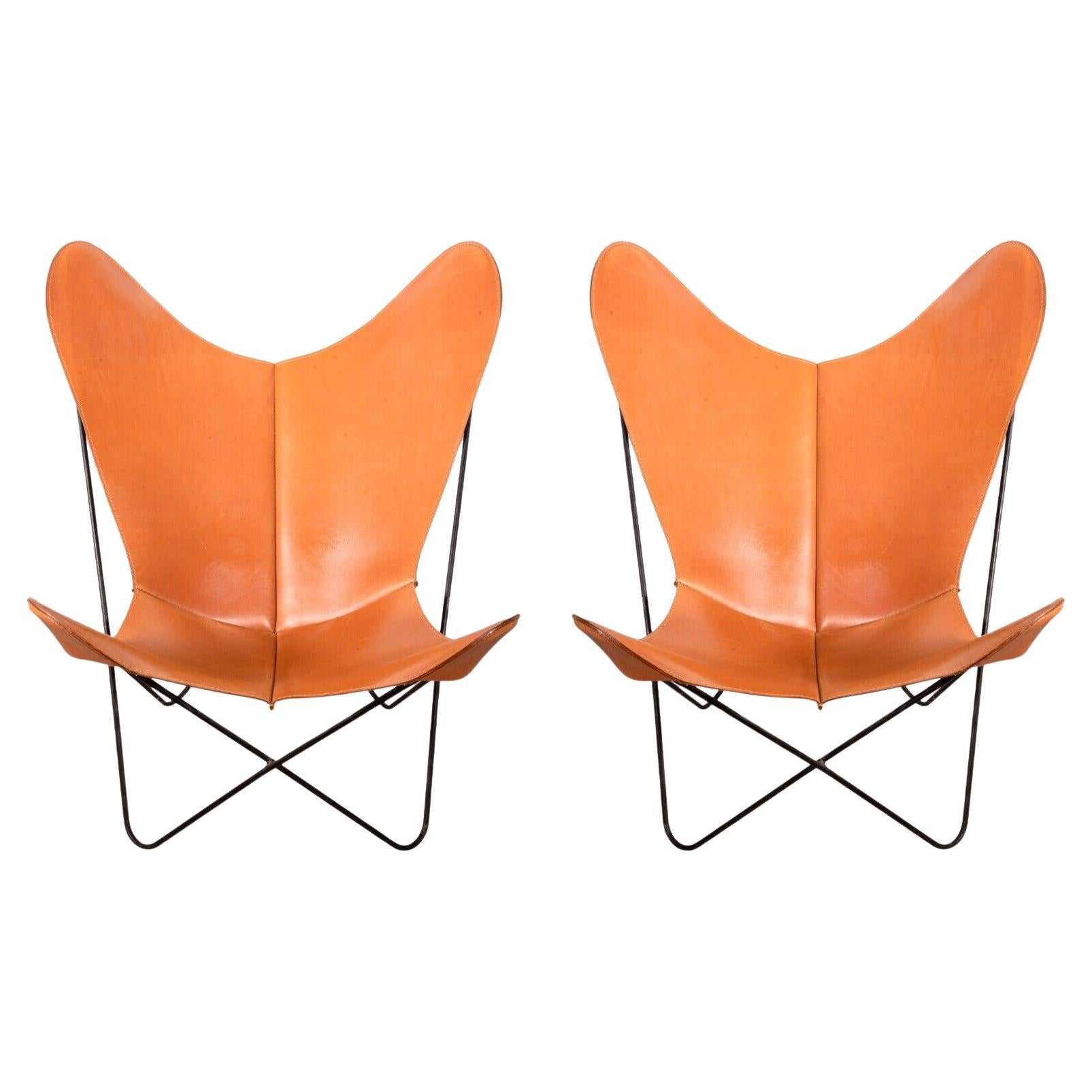 Mid Century Modern Pair of Knoll Leather Cognac Butterfly Chairs