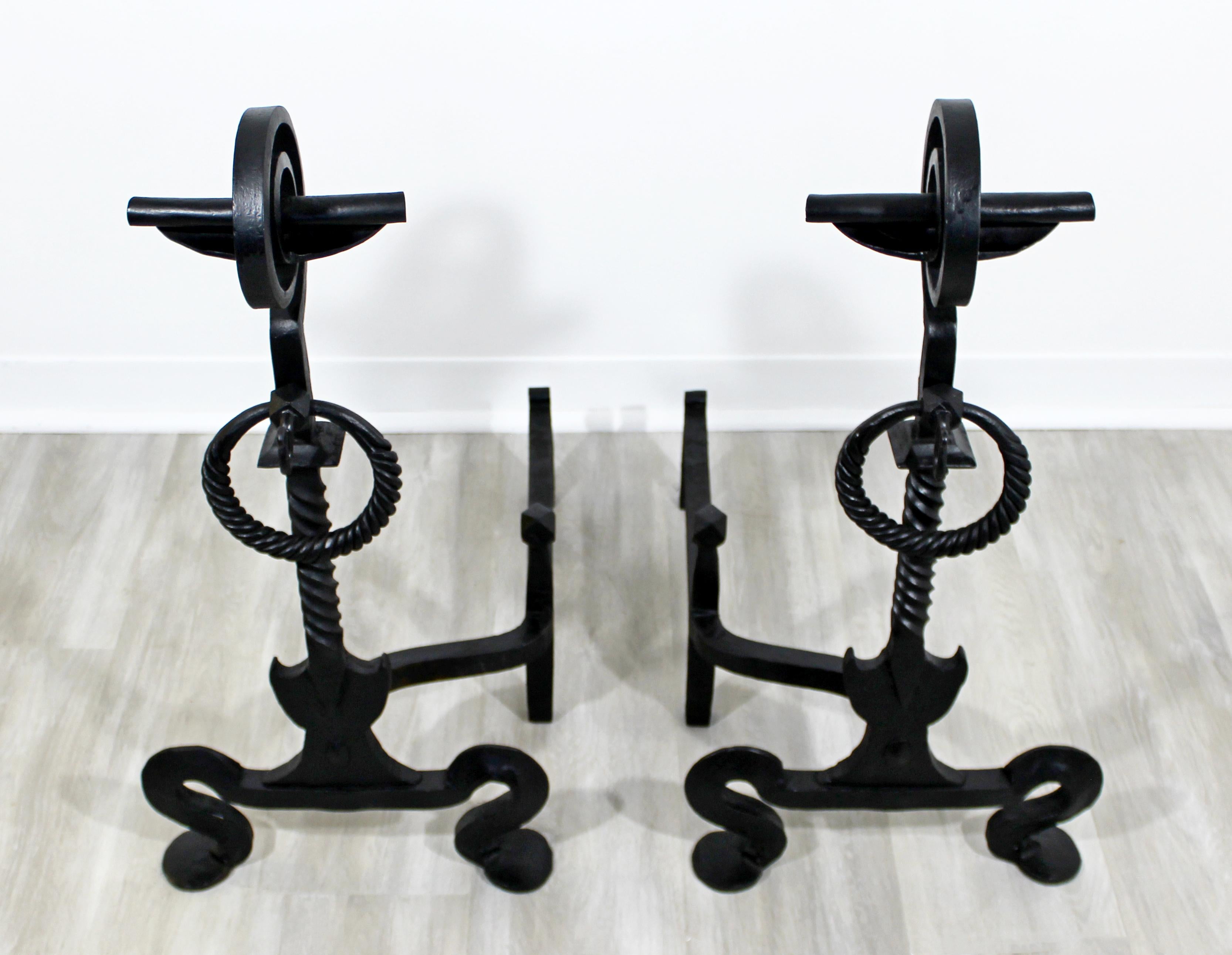 Mid-Century Modern Pair of Large Blacksmith Hand Forged Andirons, 1960s In Good Condition In Keego Harbor, MI