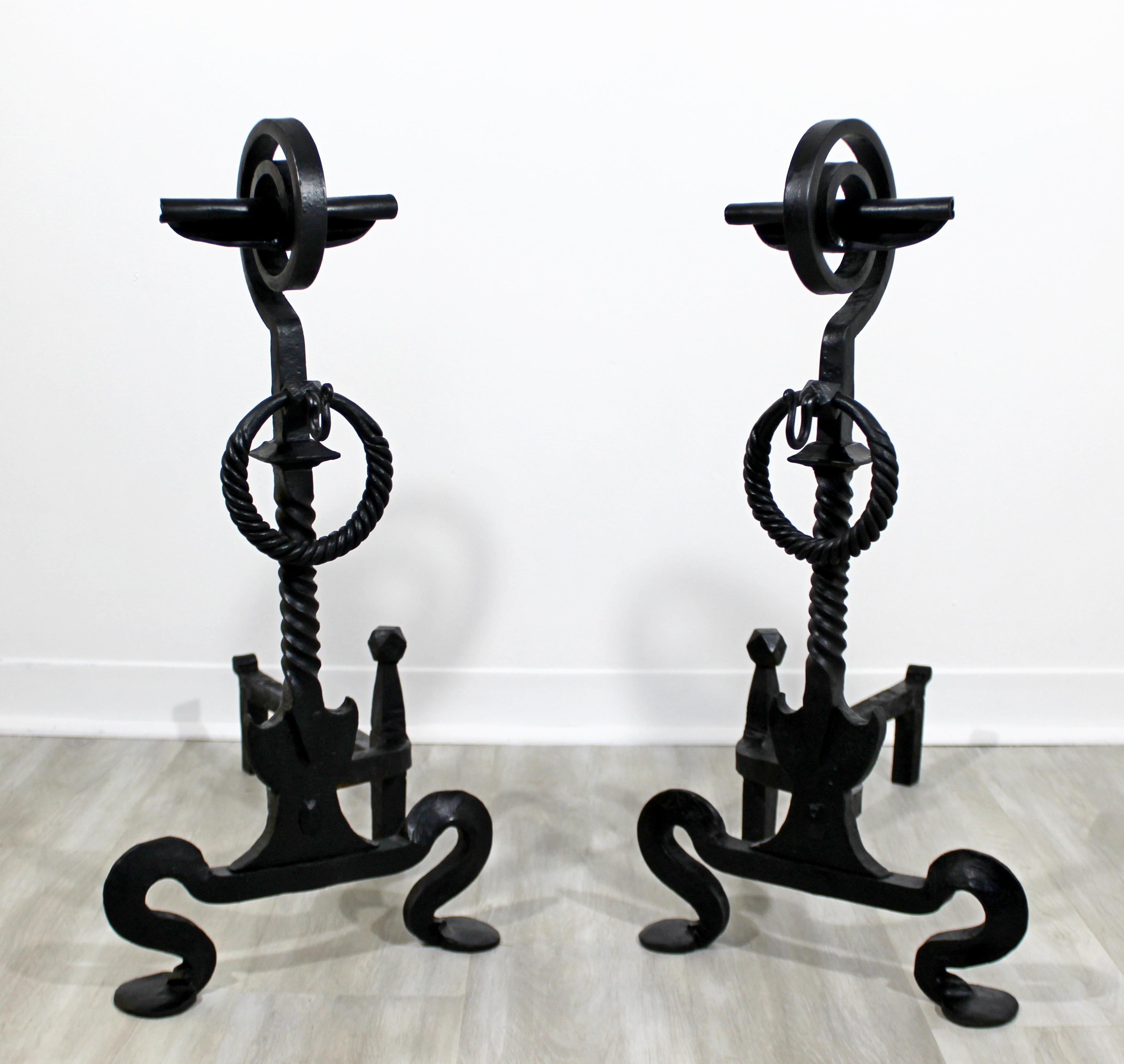 Mid-20th Century Mid-Century Modern Pair of Large Blacksmith Hand Forged Andirons, 1960s