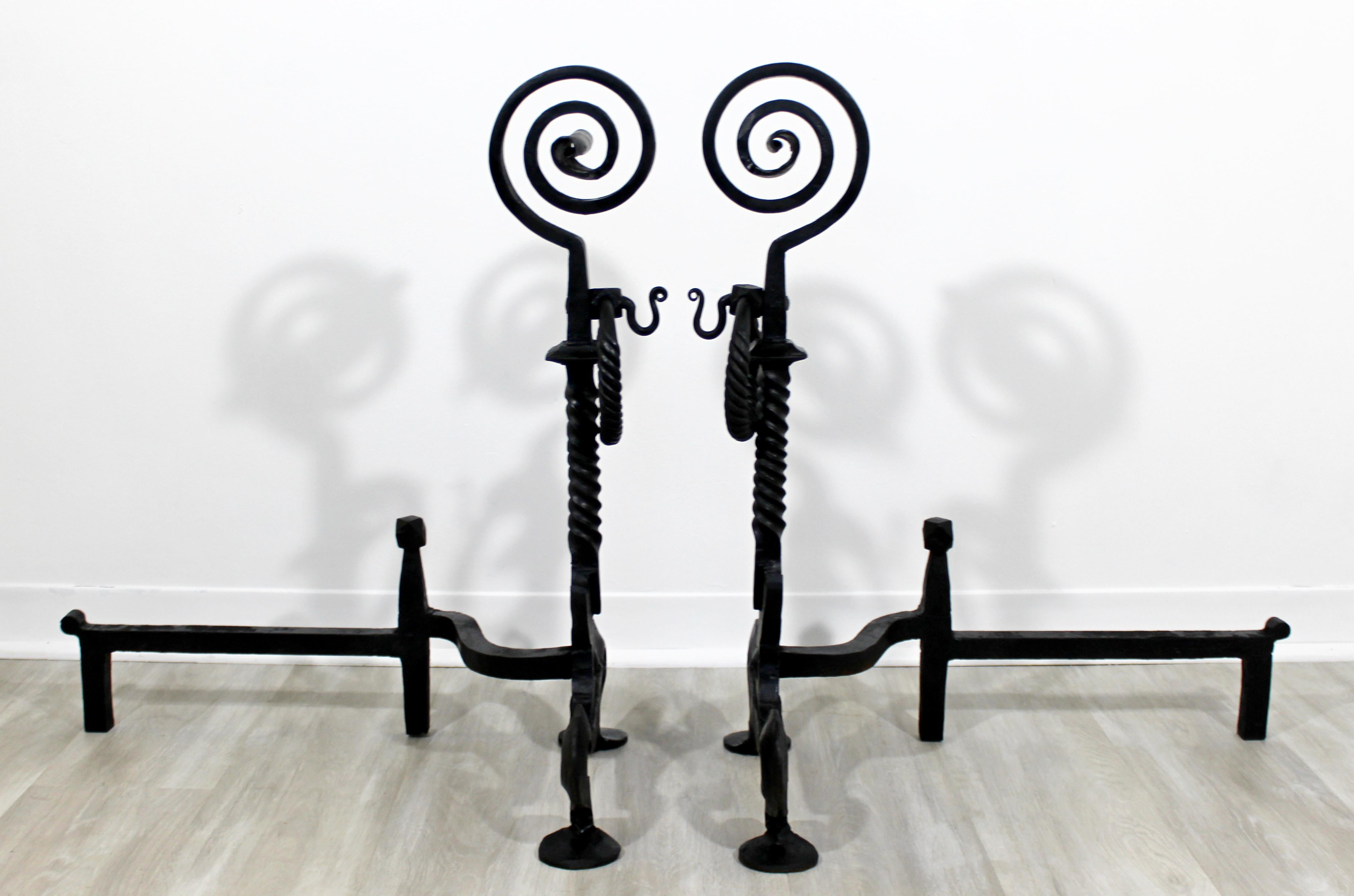 Metal Mid-Century Modern Pair of Large Blacksmith Hand Forged Andirons, 1960s