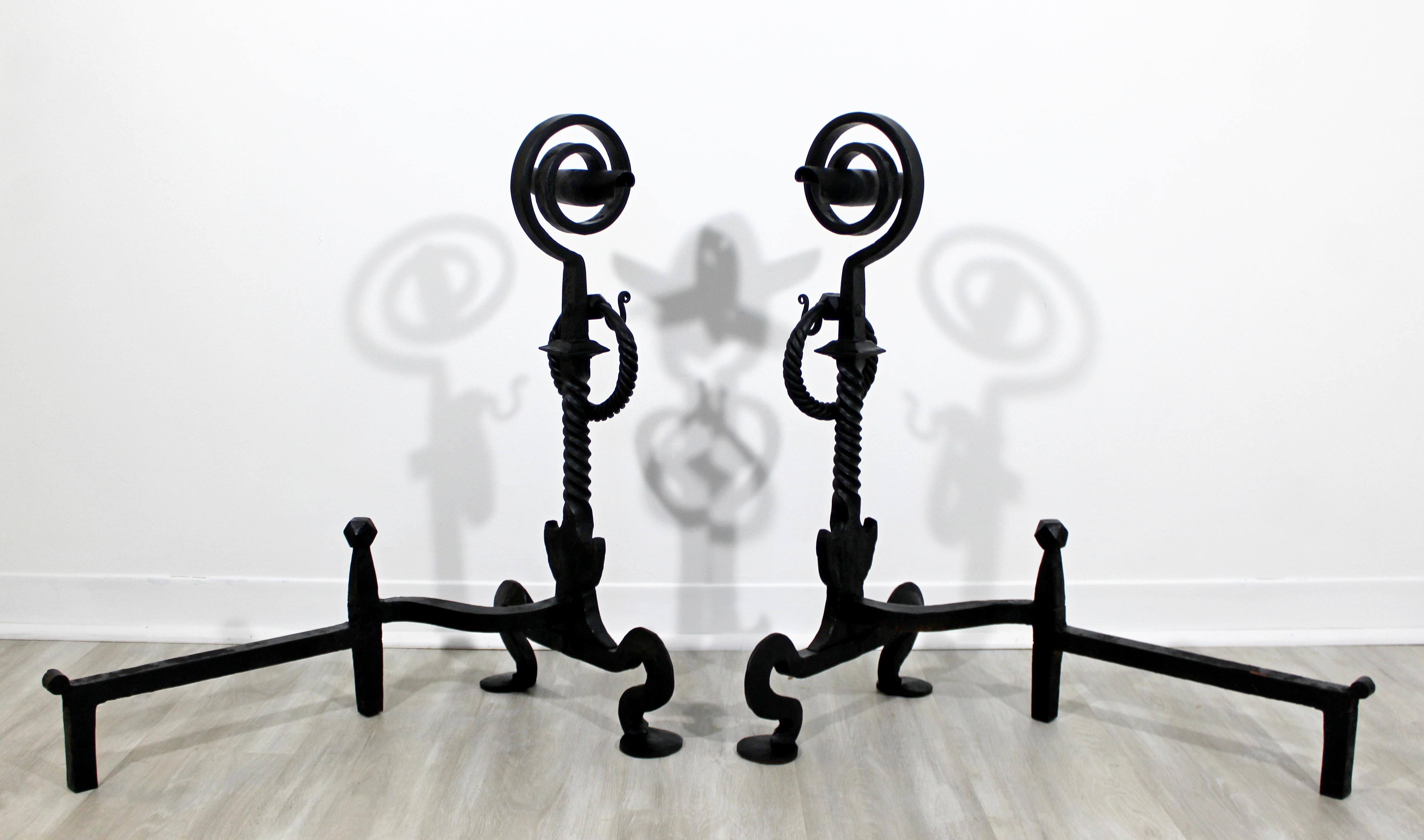 Mid-Century Modern Pair of Large Blacksmith Hand Forged Andirons, 1960s 1