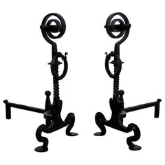 Mid-Century Modern Pair of Large Blacksmith Hand Forged Andirons, 1960s