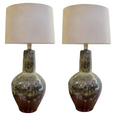 Mid-Century Modern Pair of Large Ceramic Table with Brown Glaze, Spanish