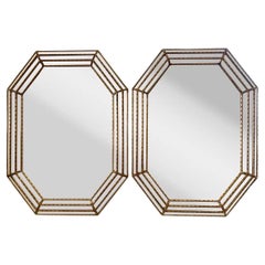 Mid Century Modern Pair of Large Giltwood Faux Bamboo Octagonal Mirrors