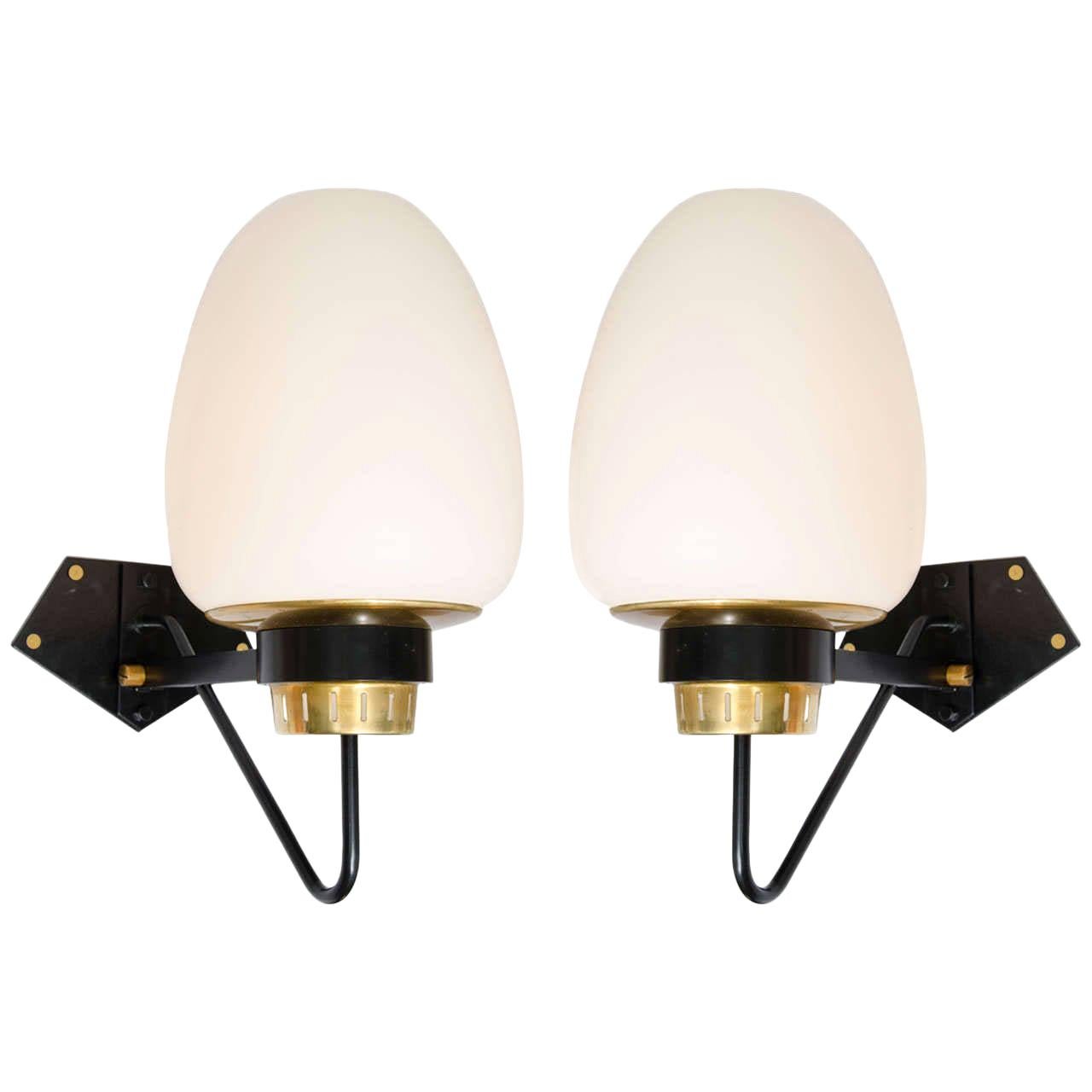 Pair of Large Opaline Wall Sconces on Black & Brass Frame