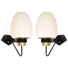 Pair of Large Opaline Wall Sconces on Black & Brass Frame
