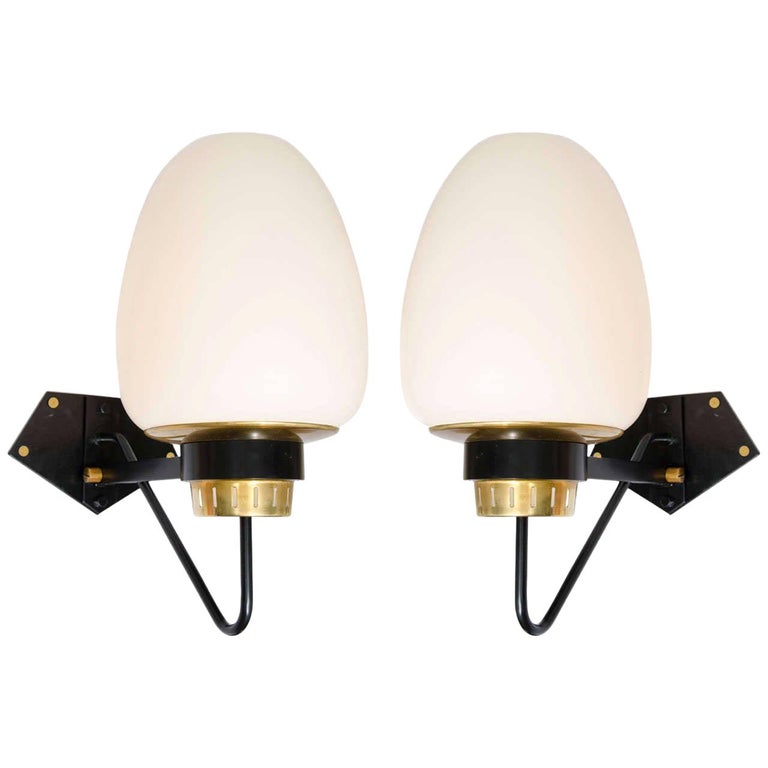 Pair of Large Opaline Wall Sconces on Black & Brass Frame For Sale