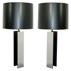 Mid-Century Modern Pair of Laurel I Beam Black & Steel Chrome Table Lamps, 1970s