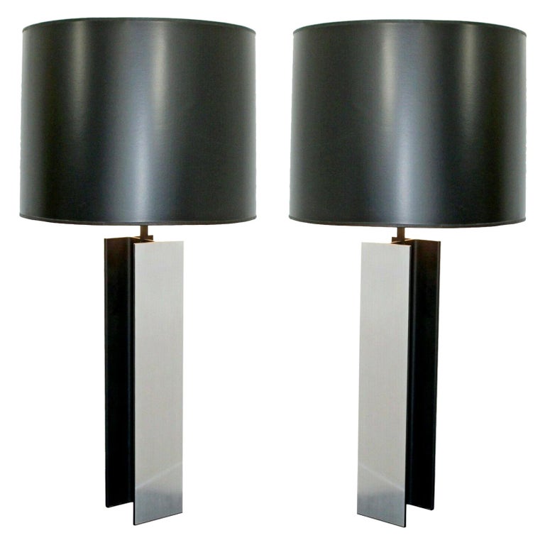 Mid-Century Modern Pair of Laurel I Beam Black & Steel Chrome Table Lamps, 1970s For Sale