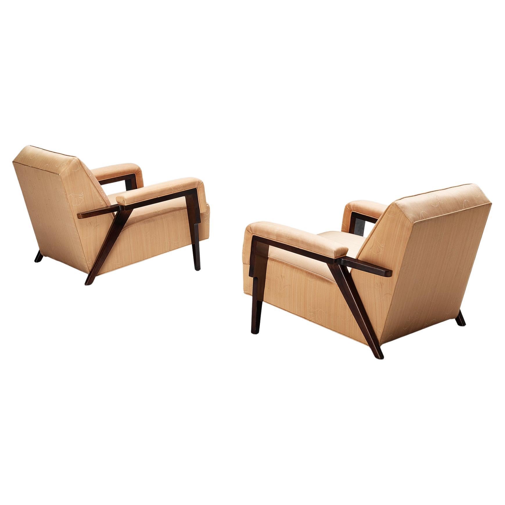 Mid-Century Modern Pair of Lounge Chairs in Wood and Salmon Pink Silk