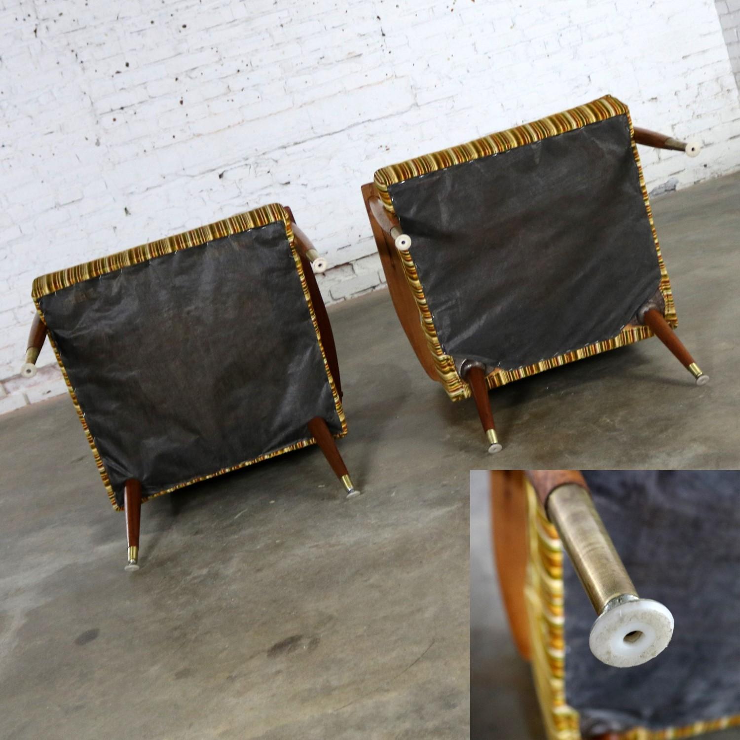 Mid-Century Modern Pair of Lounge Chairs with Teak Arms and Legs & Brass Sabots 4