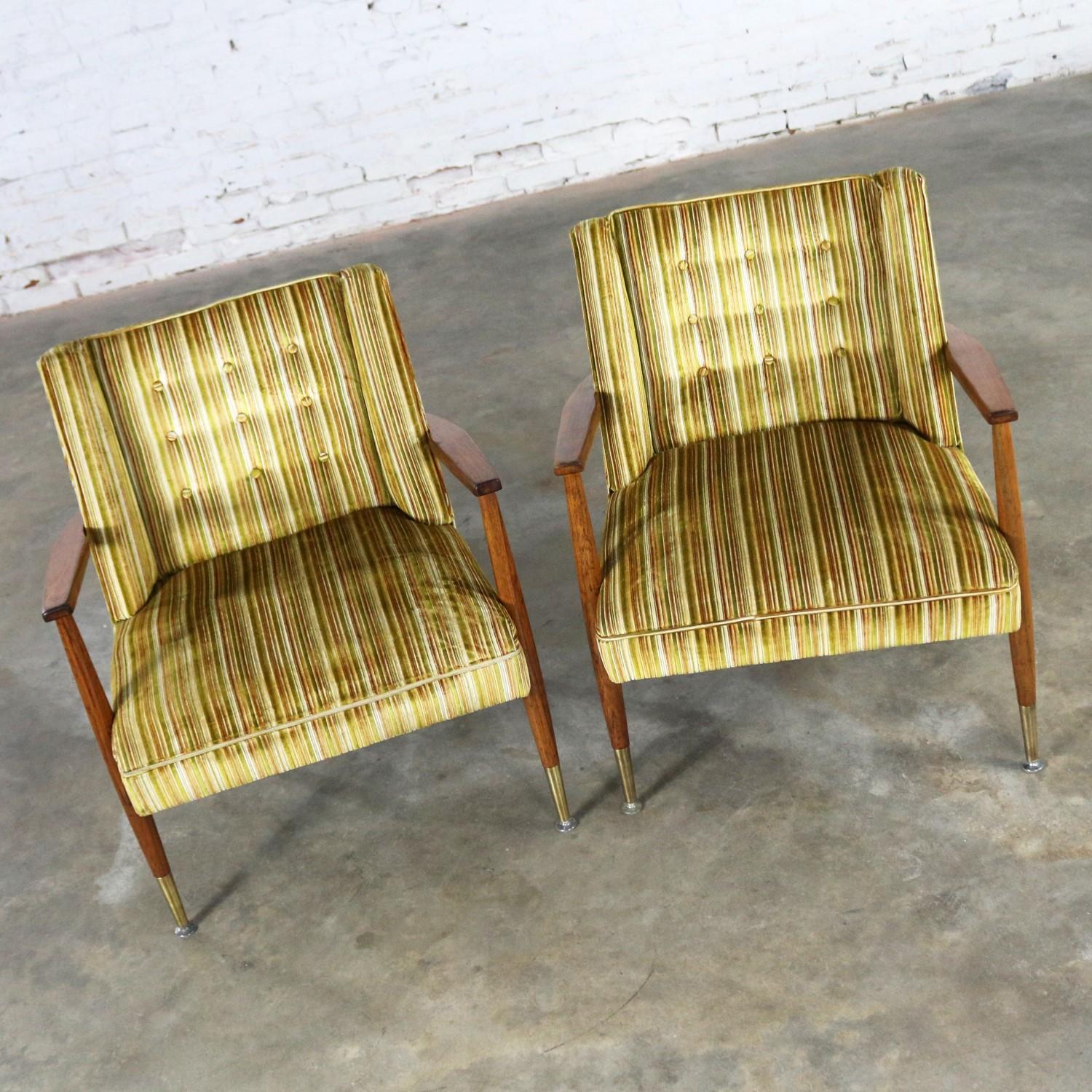 American Mid-Century Modern Pair of Lounge Chairs with Teak Arms and Legs & Brass Sabots