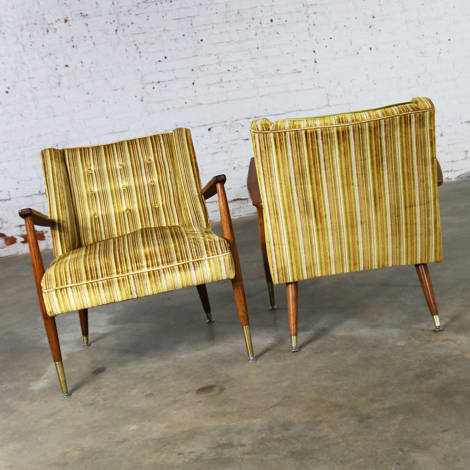 Fabric Mid-Century Modern Pair of Lounge Chairs with Teak Arms and Legs & Brass Sabots