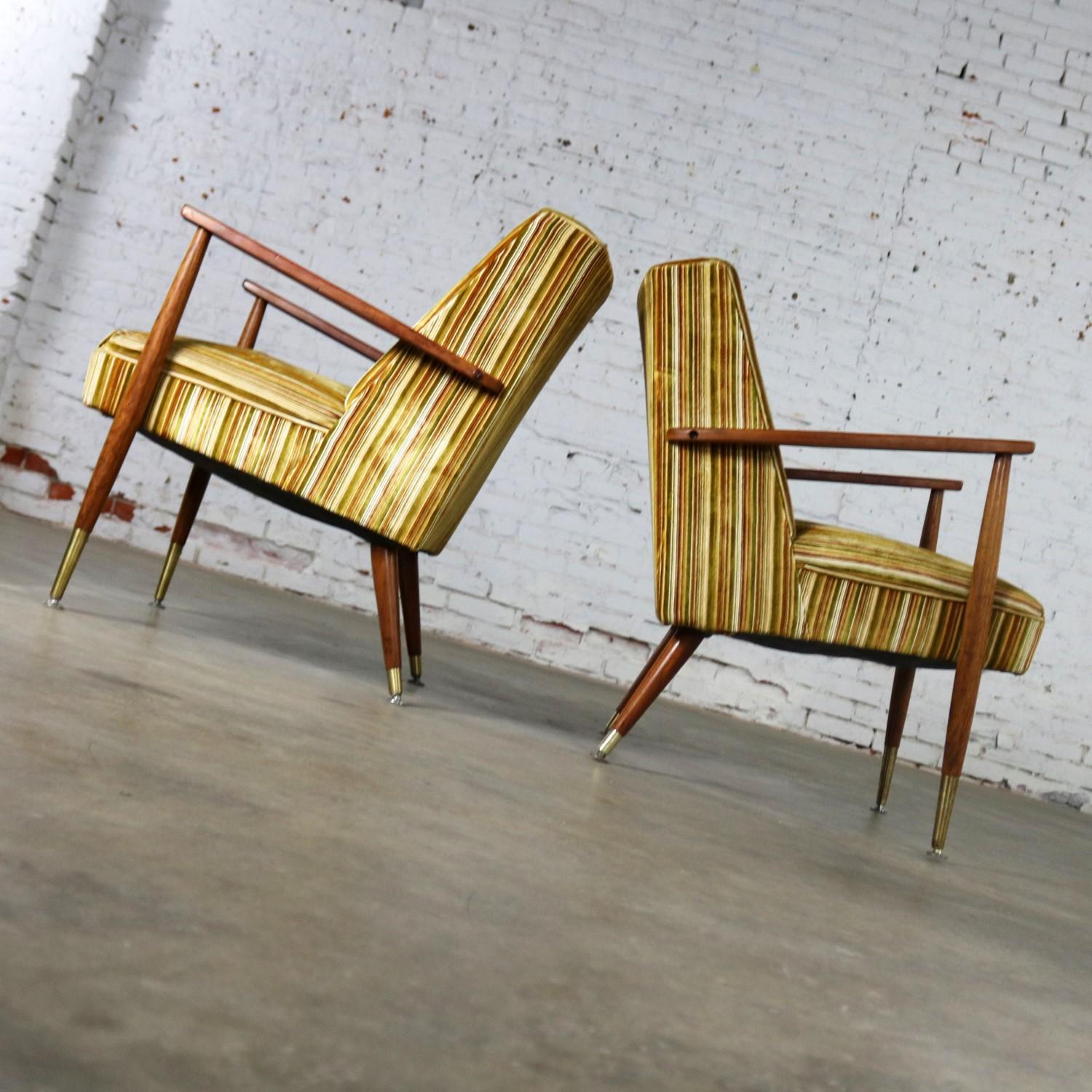 Mid-Century Modern Pair of Lounge Chairs with Teak Arms and Legs & Brass Sabots 1