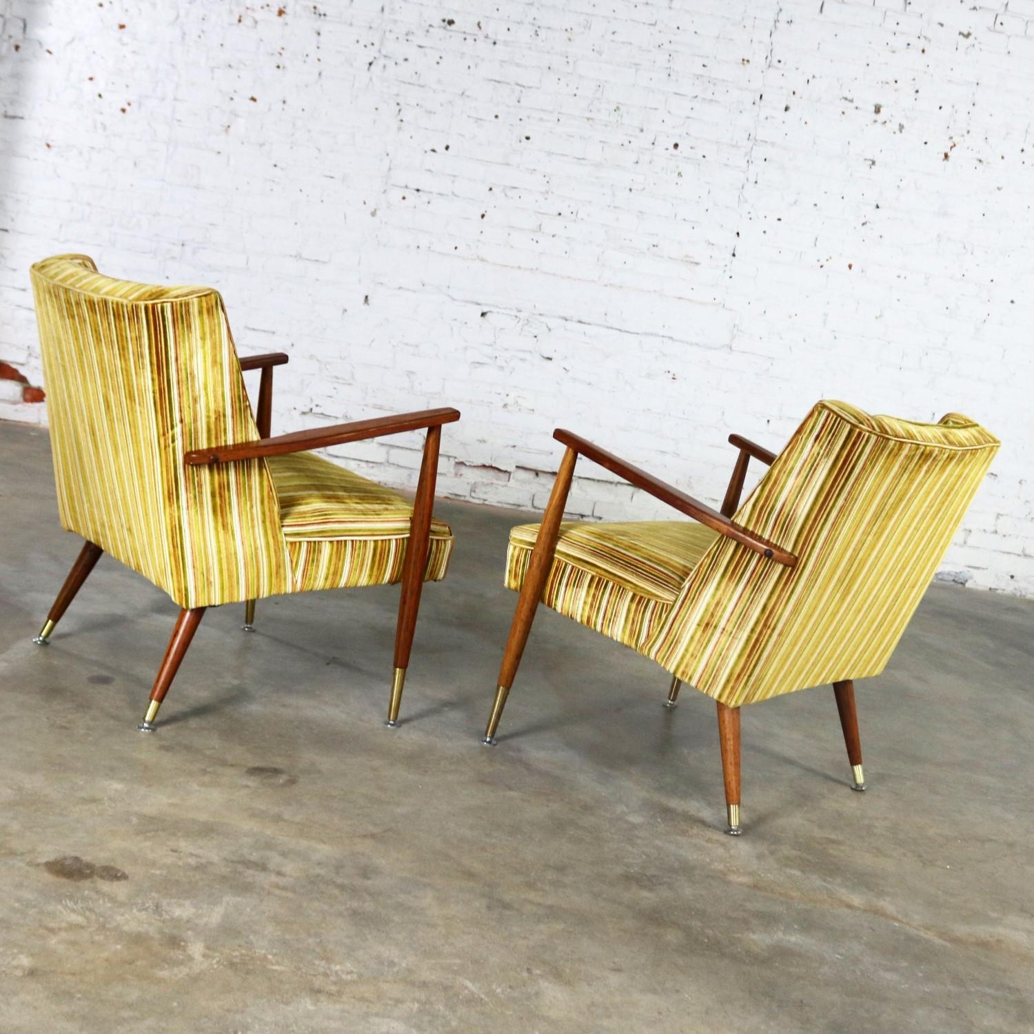 Mid-Century Modern Pair of Lounge Chairs with Teak Arms and Legs & Brass Sabots 3