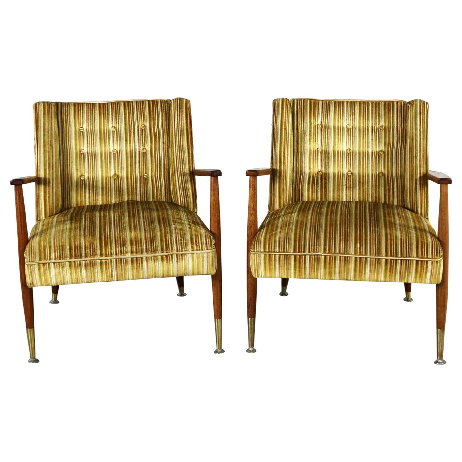 Mid-Century Modern Pair of Lounge Chairs with Teak Arms and Legs & Brass Sabots