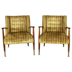 Used Mid-Century Modern Pair of Lounge Chairs with Teak Arms and Legs & Brass Sabots