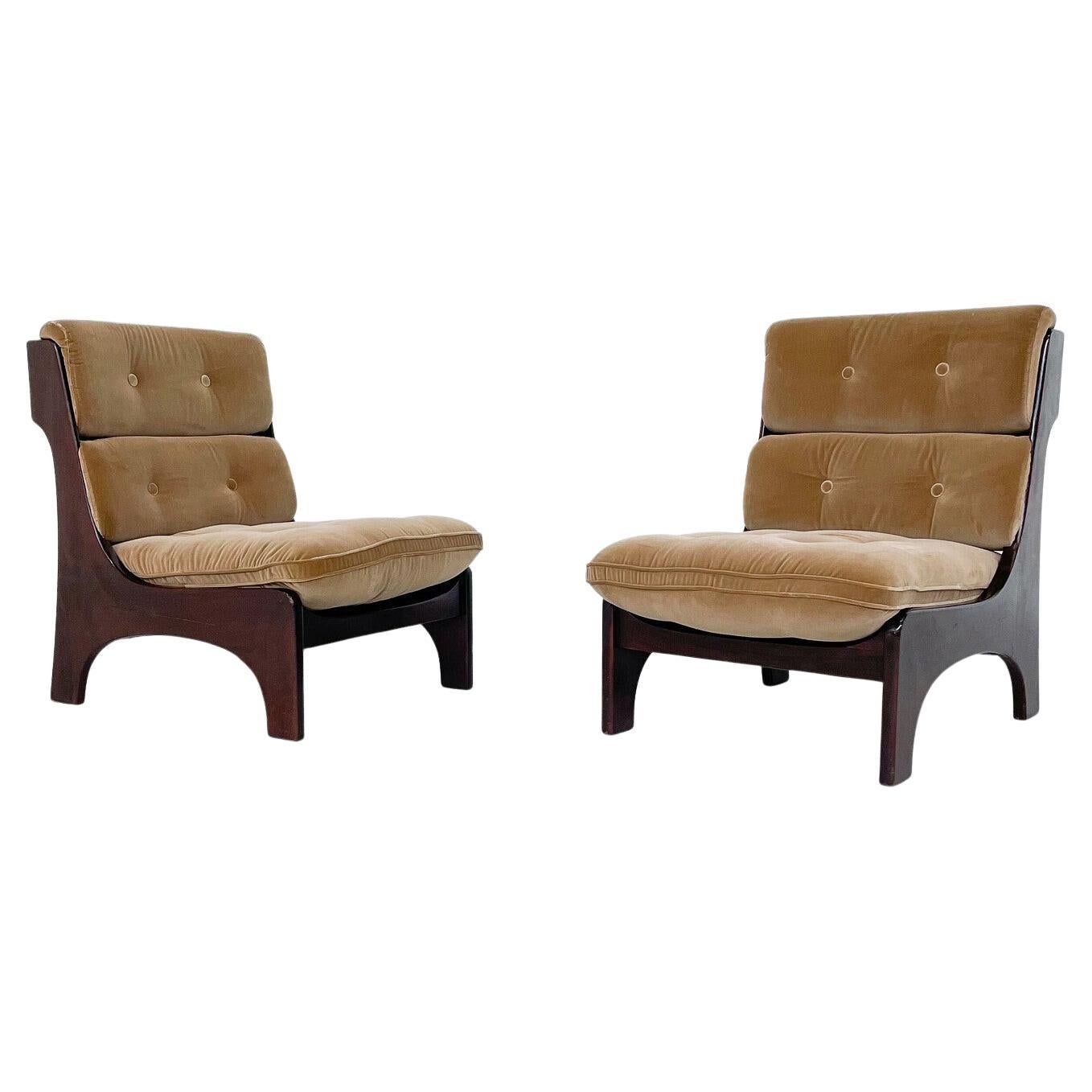 Mid-Century Modern Pair of Low Chairs, Teak and Velvet, Italy, 1960s