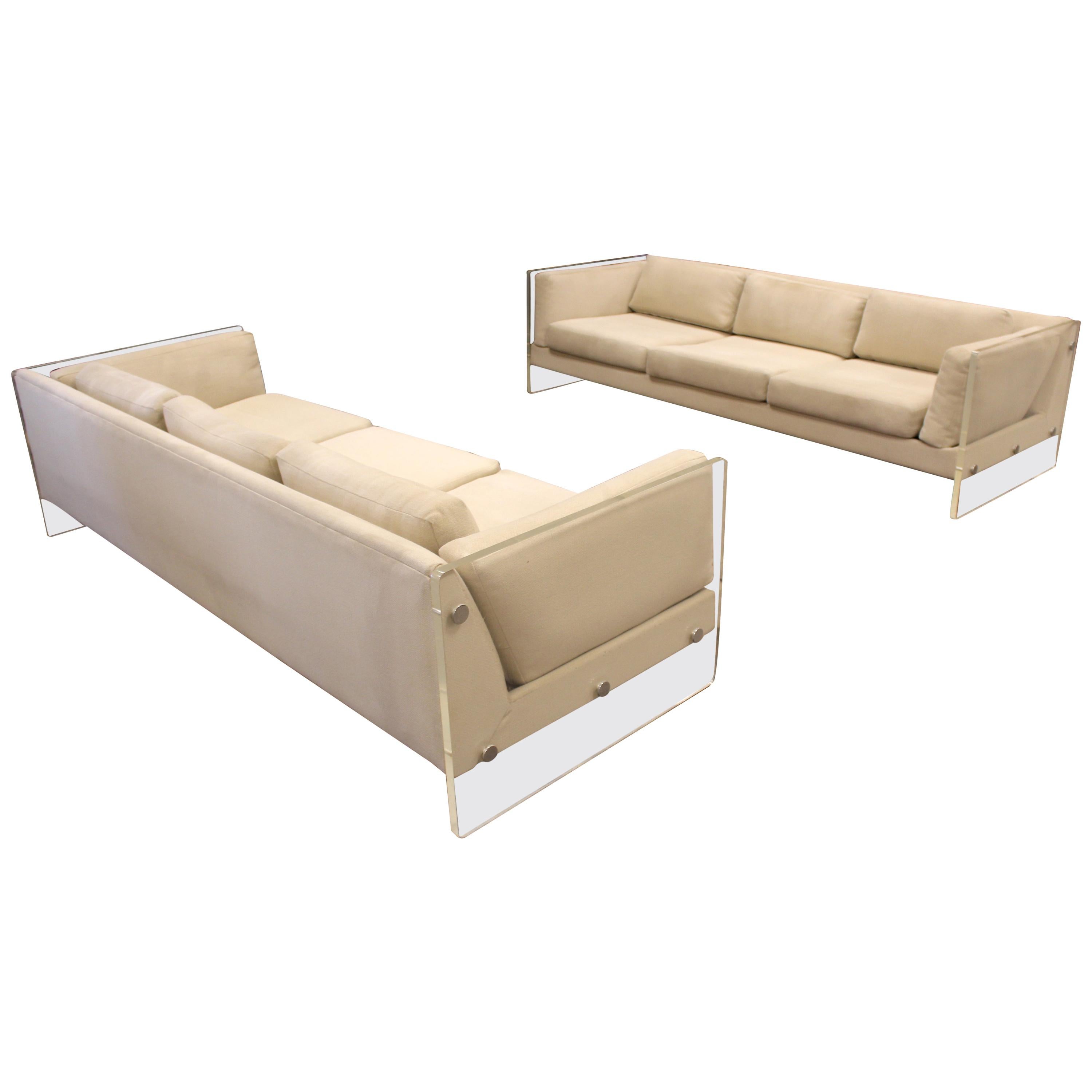 Mid-Century Modern Pair of Lucite and Fabric Sofas Selig Baughman Style, 1970s