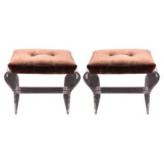 Mid-Century Modern Pair of Lucite Brown Ottoman Stools by Hill Furniture